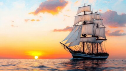 Obraz premium Sailing ship navigating the ocean at sunset, tranquil and majestic scene.