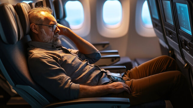 Man sitting comfortably in an airplane seat, wearing glasses, with a smartphone on his lap. The cabin interior is dimly lit with visible seat-back screens and windows.