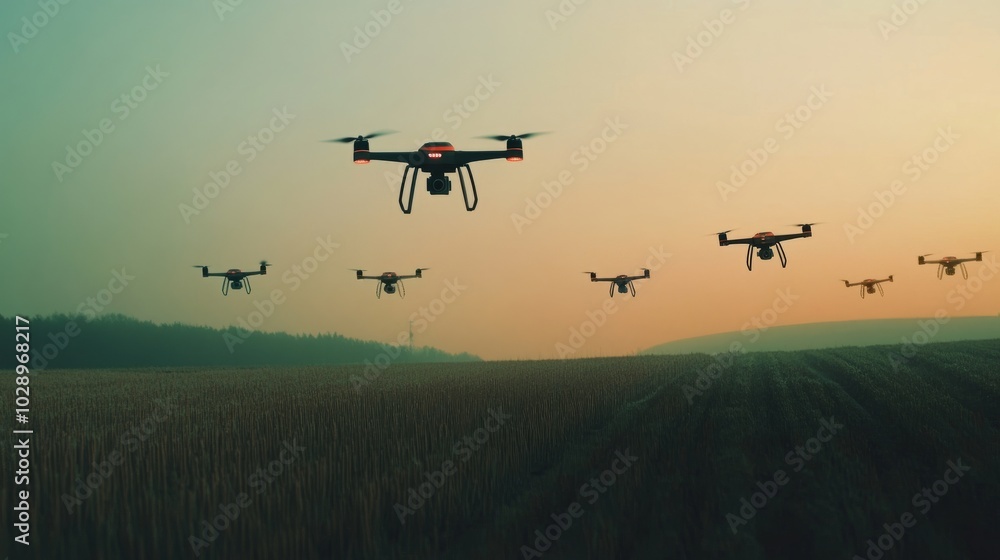 Poster multiple drones collecting crop data from a vast farm field, flying in formation without any visible