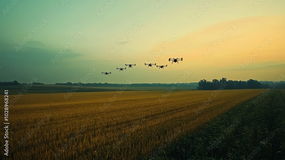 Poster multiple drones collecting crop data from a vast farm field, flying in formation without any visible