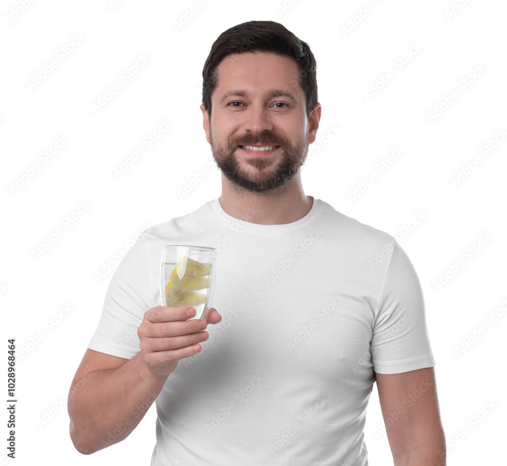 Sticker Happy man holding glass of water with lemon on white background