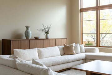 Fototapeta premium Minimalist, modern Scandinavian interiors in the living room with windows and sofas and wood cabinets. Generative AI 