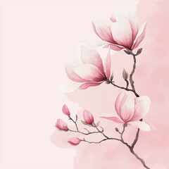 Branch of a pink magnolia on a pink background is painted in watercolor.