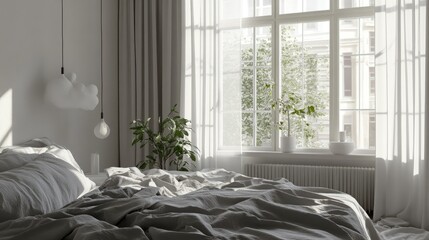Serene Bedroom with Soft Gray Linens and Natural Light
