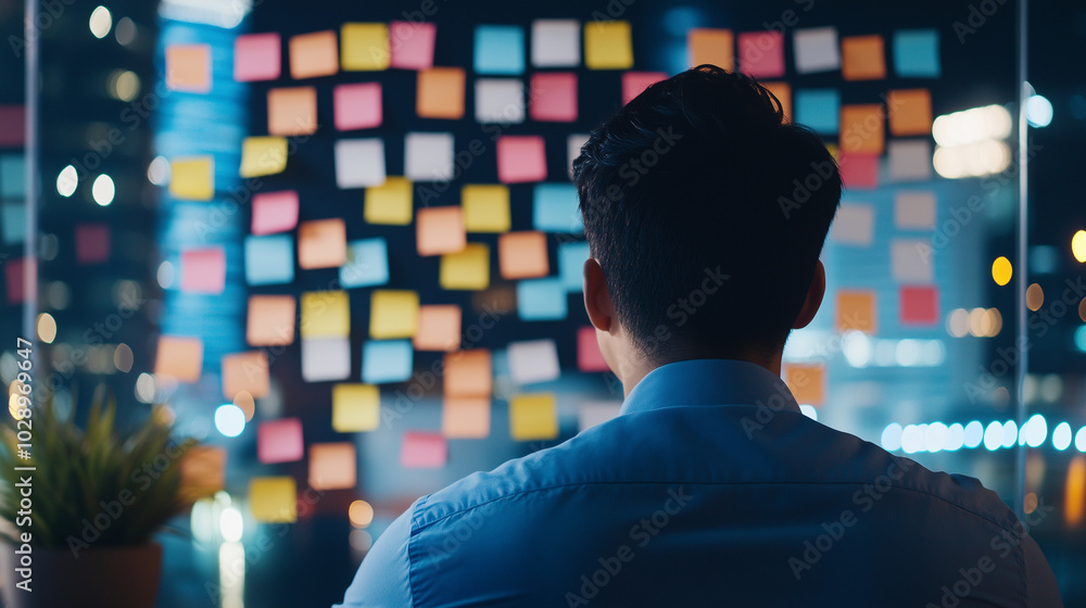 Poster brainstorming ideas on a post-it note wall a back view of someone looking intently at a wall covered