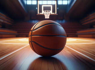 Close-up of a basketball. Indoor basketball court in the background. 3d design.