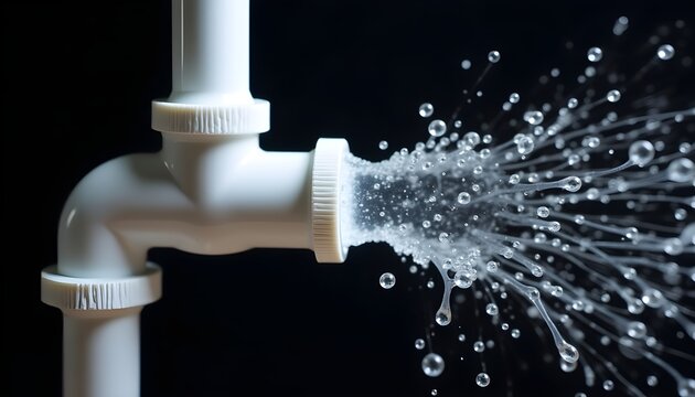 Burst pipe spraying water, symbolizing urgent plumbing repairs concept.
