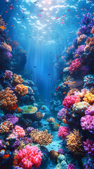 Obraz premium Embark on an exploration of the magnificent coral reef teeming with diverse sea life, bathed in sunlight through crystalclear waters. Experience the marvels of the underwater ecosystem