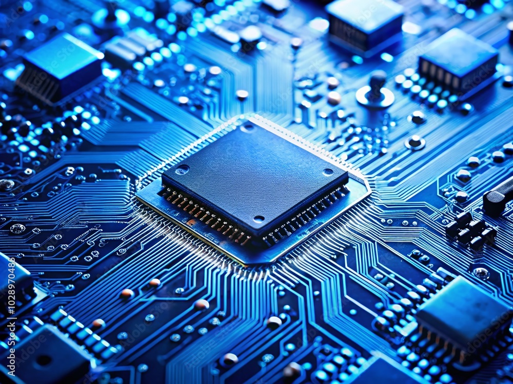 Poster high definition close-up of a blue circuit board with microchip for tech enthusiasts and innovators
