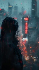 Silhouette of a Woman Looking Out a Window in the Rain