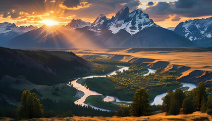Warm golden light stretches over a vast mountain range, creating long shadows, while a winding river and pine trees fill the valley below.
