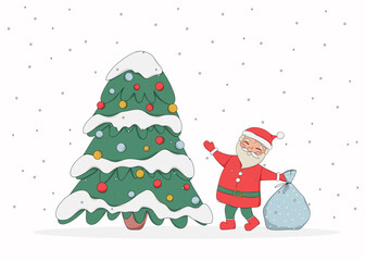 Christmas tree with santa claus with a bag. Christmas tree in snow and balloons.  Doodle illustration. Vector 