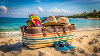 Obraz premium Beach bag filled with summer essentials on sandy shore