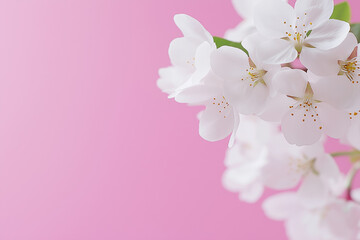 Fototapeta premium Delicate white flowers blooming against a soft pink background in springtime beauty