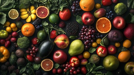 A high-angle view of different types of fruit and vegetable 