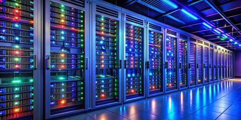 High Dynamic Range Image of a Computer Server Rack with Illuminated Lights for Data Center Technology