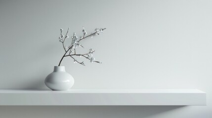 White Vase with White Blossoms on a White Shelf Against a White Wall
