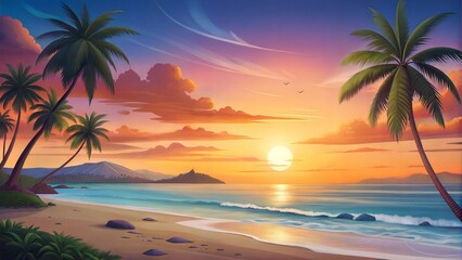 Obraz premium Serene tropical beach at sunset with palm trees