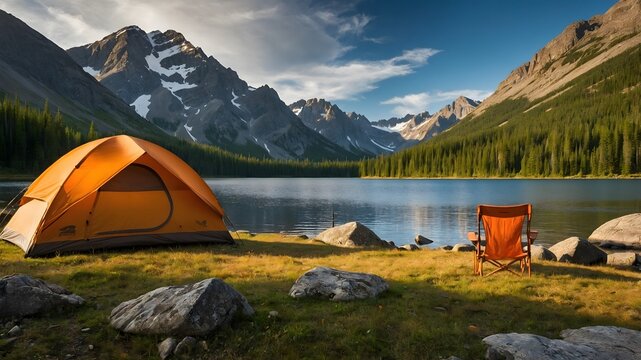 Camping Tend and camping chair on the shore of a lake in the mountains.