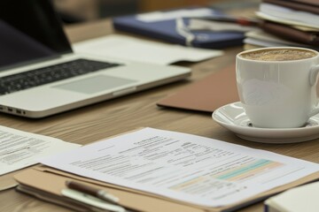 Coffee Cup, Laptop, and Papers on Wooden Desk