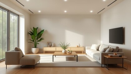 Fototapeta premium Minimalist Living Room with Neutral Tones, Sleek Furniture, and Large Potted Plant, Clean and Uncluttered Space