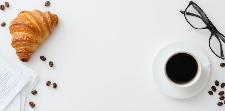 Minimalist flat lay of fresh croissant, cup of coffee, and reading glasses with scattered coffee beans on clean white background. Food and lifestyle concept