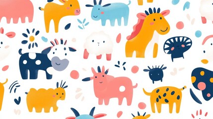 A colorful drawing of various animals, including cows, goats, and giraffes. The animals are all smiling and seem to be happy