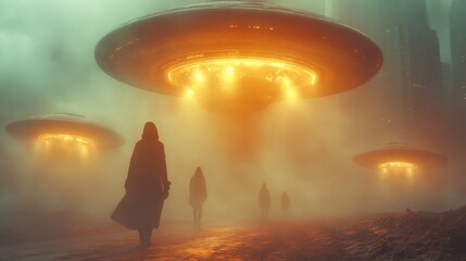 A group of people are walking through a foggy, misty area with three large