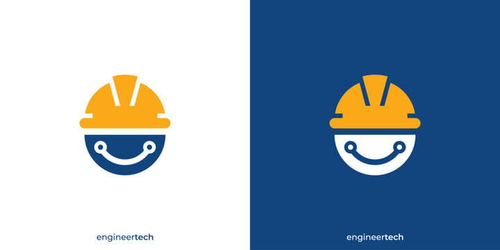 Engineer Tech Logo. Construction Helmet and Circuit Technology with Minimalist Style. Engineering Smile Logo, Icon, Symbol, Vector, Design Inspiration.