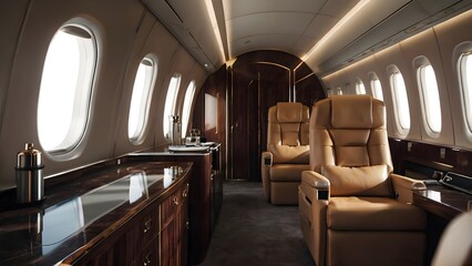 Fototapeta premium Interior view of a private plane showcasing luxurious seating and elegant design elements