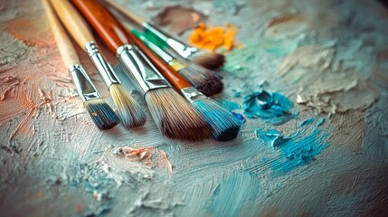 Fototapeta premium A close-up of five paintbrushes lying on a palette with oil paints, showing different shapes and sizes of the brushes and the different colors of the paints.