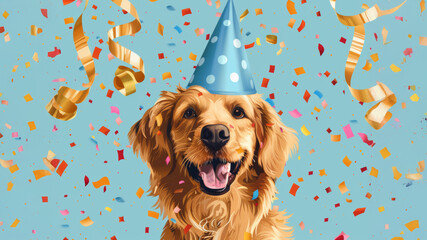Golden Retriever dog portrait in celebration cone on blue background with falling confetti and ribbons around. Event poster template.