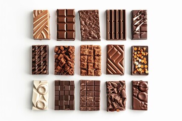 Collage of different chocolate bars on white background