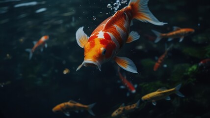 A vibrant orange and white koi fish swims towards the surface of the water, its mouth open as if it's about to take a breath of air. There are other koi fish 