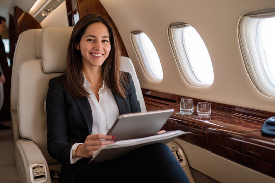 Businesswoman in attire working on a tablet in a daytime private jet - Powered by Adobe