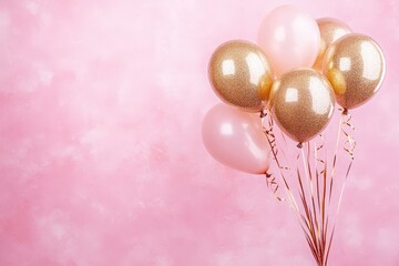 Photo of Shiny golden glitter balloons on light pink soft pastel background. 