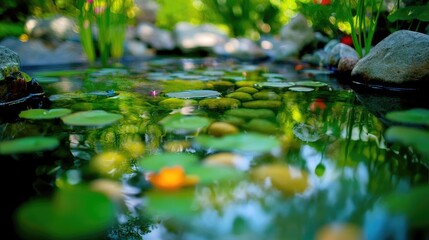 Serene Garden Pond with Lily Pads and Reflections