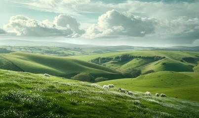 Countryside with rolling hills and grazing sheep, 4K hyperrealistic photo