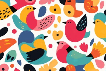 A colorful bird drawing with a variety of birds in different colors and sizes. The birds are scattered throughout the image, with some closer to the foreground and others further back