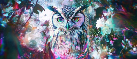 Floral Owls Blending Vibrant Patterns with Abstract Digital Distortions Evoking Nostalgia