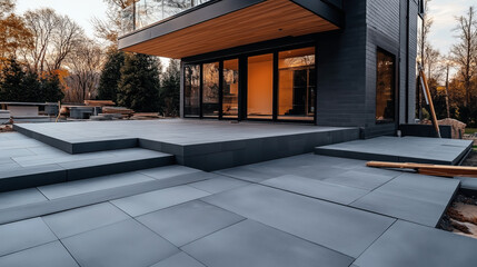Modern house exterior with large gray tiled patio, glass doors, and surrounding trees in autumn setting.