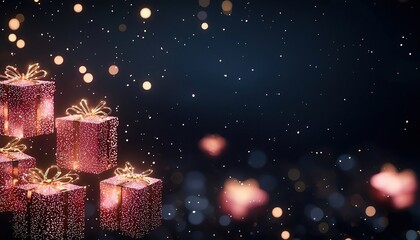 Illustration of gift boxes made of sparkling pink and gold lights, with a festive dark background and plenty of space in the middle for a celebratory atmosphere