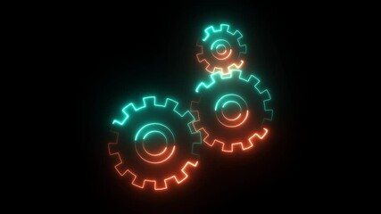 three neon spinning gears animation on black background.Spinning cogwheels video Technology setting icon.