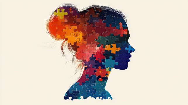 recommend clip art: woman silhouette made of colorful puzzle pieces on white background 