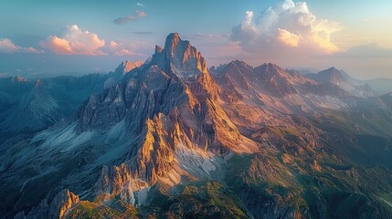 Naklejka premium Aerial drone view of rugged mountain peaks, showcasing breathtaking scenery and natural beauty, perfect for travel, tourism, and adventure-themed content. High resolution Illustration, in the style