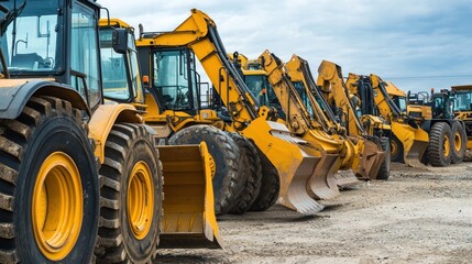 A rental yard showcasing various heavy equipment available for hire.