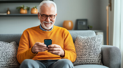Elderly man with gray beard wearing glasses sitting on a gray sofa using a smartphone, dressed in orange sweater in home setting with decorative pillows.