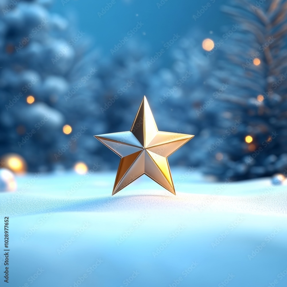 Poster a minimal 3d rendering of a single shiny christmas star icon, glowing softly against a blurred blue 