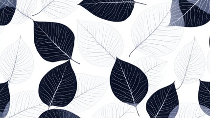 A black and white leaf pattern is shown on a white background. The leaves are arranged in a way that creates a sense of movement and flow
