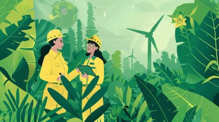 Two individuals in yellow safety gear and helmets examine a tablet in a lush, green environment, possibly conducting fieldwork or an inspection